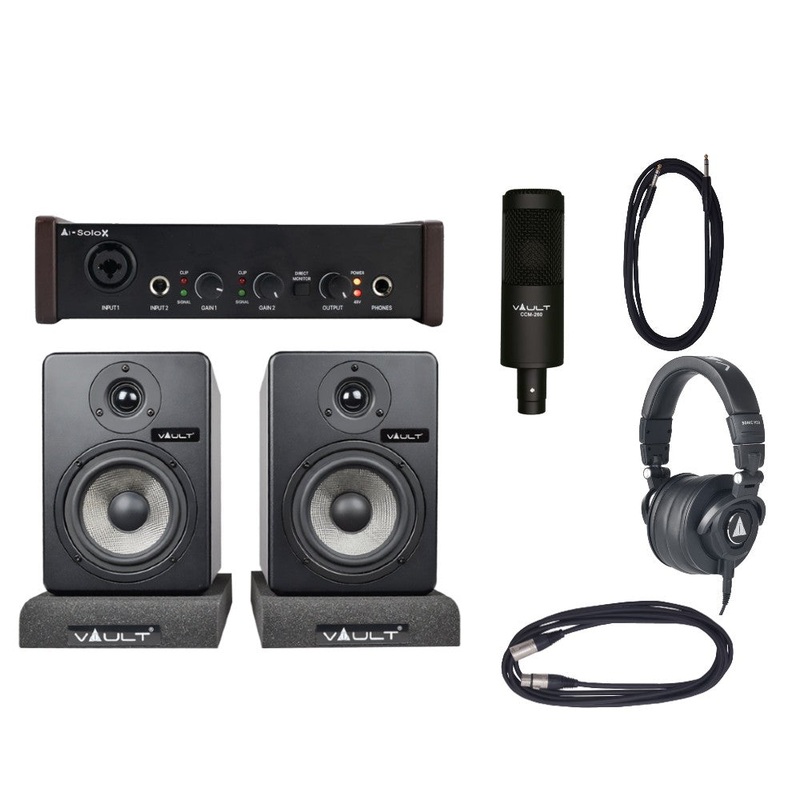 Vault Home Studio Essential Bundle - Vault Ai-SoloX 2-Channel Audio Interface with Bitwig 8-Track, Condenser Microphone, Studio Headphone, Studio Monitor and Cables