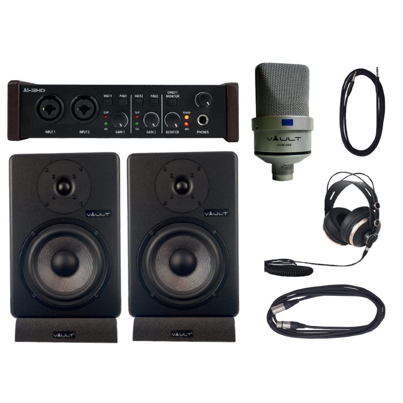 Vault Home Studio Pro Bundle - Vault Ai22HD 2x2 USB Audio Interface with 192kHz Recording, Bitwig 8-Track, Condenser Microphone, Studio Monitor, Studio Headphone, and Cables